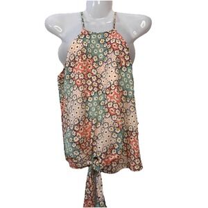 Papaya Beige floral Boho High Neck Tie Top Size Medium Womens Boho‎ Groovy Hippy